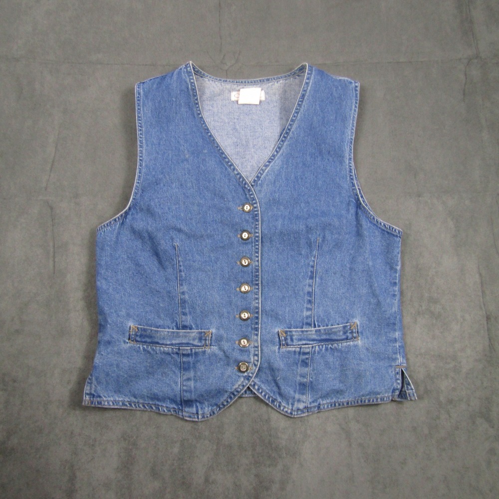Cherokee Denim Vest Women Medium Blue Button Front Cinch Back Cotton C1010760